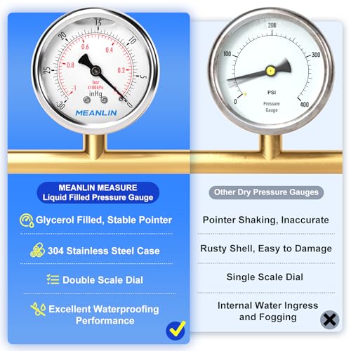 MEANLIN MEASURE -30inHG~0Psi Stainless Steel 1/4" NPT 2.5" FACE DIAL Vacuum Pressure Gauge, Center Back Mount, with 1/2" NPT and 3/8" NPT Hex Bushing - size: -30inhg-0psi