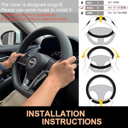 PINCTROT D Shaped Nappa Leather Steering Wheel Cover, Slim Fit No Bulk Design, One Piece Leather with Breathable Perforation, Fit Like Gloves, Flat Bottom 14.5-15 Inch(Nappa Dark Gray) - color: 05.Dark Gray, size: D Shaped/Flat Bottom[14 1/2''-15'']