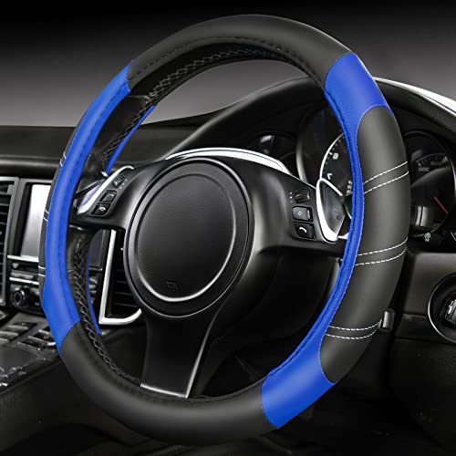 CAR PASS Line Rider Microfiber Leather Sporty Steering Wheel Cover Universal Fits for 95% Truck,SUV,Cars,14.5-15inch Anti-Slip Safety Comfortable Desgin (Black-Blue) - color: Black＆Blue, size: Standard[14.5"-15"]