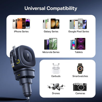Baseus 163W Retractable Car Charger USB C Fast Charging, PrimeTrip VR2 Max 4 in 1 Fast Car Charger with Dual Retractable USB C Cable for iPhone 17 16 15 Pro Max, Samsung Galaxy S25 Ultra, Android - color: 163W