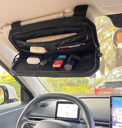 Car Sun Visor Organizer | Multi-Pocket Storage Pouch for SUVs & Trucks | Black Organizer with Double Zippers, Elastic Bands & Glasses Clip | 12.8x7x1.2 Inch