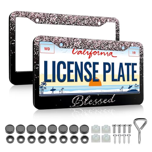 Pink Blessed License Plate Frame - 2 Pack Women Aluminum Metal Car Plate Holder Cover, Car Decorative Tag Frames for Standard Us Canada with Free Screws Fasteners Caps - color: Pink Blessed