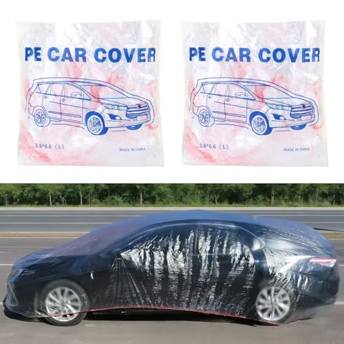 2 Pack Disposable Car Cover Clear Plastic Car Cover Universal Rain Dust Garage Cover with Elastic Band Medium (12.4 FT x 21.6 FT)