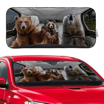 Bear Family Windshield Sunshade for Car SUV Truck Foldable Uv Ray Reflector Front Window Sun Shade Visor Shield Cover -59" X 31" - color: Bear