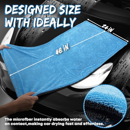 Metyond 48”x24” Car Drying Towel for Full-Sized SUV, Dual Sided Microfiber Car Cleaning Towel with Twisting Yarn Technique, 1400GSM Super Absorbent Scratch-Free, Machine Washable (Dark Gray - Blue)