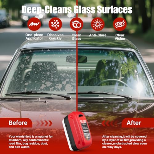 2-Pack Car Window Oil Film Remover & Windshield Cleaner Brush - Clear Vision Glass Cleaner Tool with Water Repellent, Removes Waxes, Oils & Road Film for Safe Driving