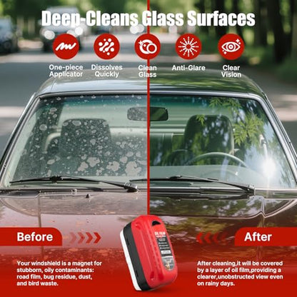 2-Pack Car Window Oil Film Remover & Windshield Cleaner Brush - Clear Vision Glass Cleaner Tool with Water Repellent, Removes Waxes, Oils & Road Film for Safe Driving