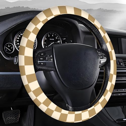 Steering Wheel Covers for Car, Truck, and SUV, Cute Non-Slip Breathable Elastic Steering Wheel, Car Accessories, Universal 15 Inch Leather Cover for Men Women Brown Checkered - color: Brown Checkered