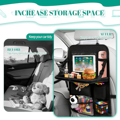 2 Pack Backseat Car Organizer with Touch Screen Tablet Holder, Upgraded Car Seat Organizer with Tray, 9 Storage Pockets with Foldable Food Tray, Protector Kick Mats for Kids, Travel Accessories-Black