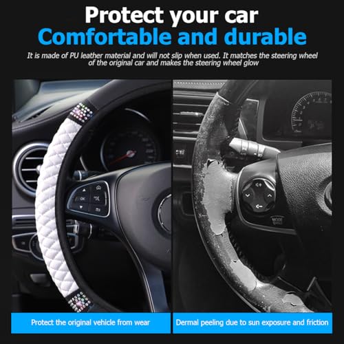 Osilly Bling Car Steering Wheel Cover, 15 Inch Rhinestones Soft Leather Elastic Steering Wheel Protector, Sparkly Crystal Diamond for Women Girls (White) - color: White