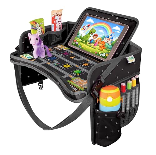 Kids Travel Tray - Waterproof Lap Table with No-Drop Large Tablet Holder - Car Seat Tray - Road Trip Essentials Kids - Car Desk Organizer for Airplane - Toddler Travel Essentials - color: PREMIUM BLACK