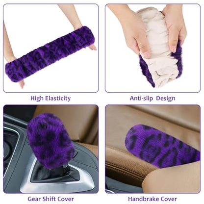 Accmor Fuzzy Car Steering Wheel Cover, Universal Fit Fur Car Wheel Cover & Handbrake Cover & Gear Shift Cover Set, Fluffy Fashion Leopard Print Auto Steering Wheel Protector for Women Girls(Purple) - color: Purple/Dark Leopard