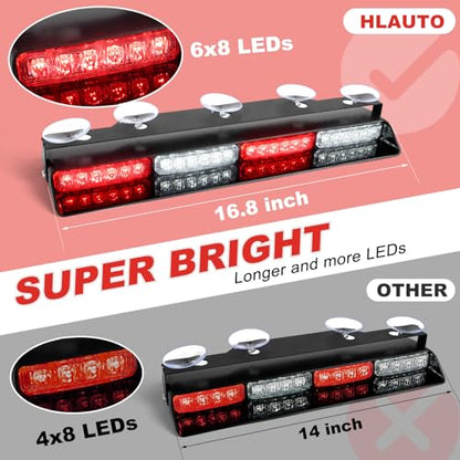 HLauto 604N Emergency Dash Strobe Lights: 2x16.8 inch Red White Security Light w/Take Down, 48 LED Safety Flashing Warning Hazard Interior Windshield Light Bar for Trucks Vehicles - color: #06 Red / White