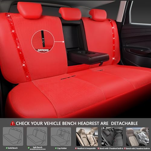 CAR PASS Bling Diamond Car Seat Covers Full Set, Shining Rhinestone Waterproof Faux Leather, Rear with Zipper, Universal Fit Automotive Glitter Crystal Sparkle Strips for Cute Women Girl, Red - color: Red Leather, size: Full Set