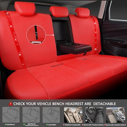 CAR PASS Bling Diamond Car Seat Covers Full Set, Shining Rhinestone Waterproof Faux Leather, Rear with Zipper, Universal Fit Automotive Glitter Crystal Sparkle Strips for Cute Women Girl, Red - color: Red Leather, size: Full Set