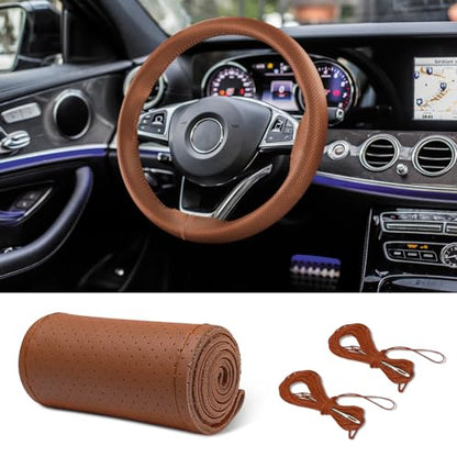 Leather Steering Wheel Cover Lace Up, Car Wheel Cover, Universal Car Steering Wheel Protector, 15 inch, Brown, Hole - color: Brown, size: 15 inch - Hole