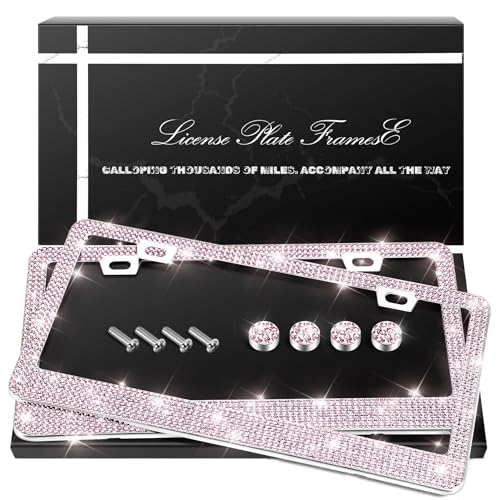 QUANQIUFEI 2 Pack Bling License Plate Frames, Sparkly Rhinestone Diamond Car License Plate Cover for Women, Stainless Steel Car Accessories with Glitter Crystal Caps (Light Rose) - color: Light Rose