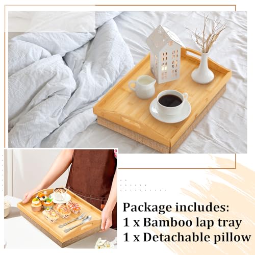 Tioncy 1 Piece Bamboo Lap Tray with Detachable Pillow 16.9'' x 13'' Lap TV Trays Desk with Handles for Adults Eating in Recliner Breakfast Housewarming Gift (Natural Color,Flaxen) - color: Natural Color, Flaxen
