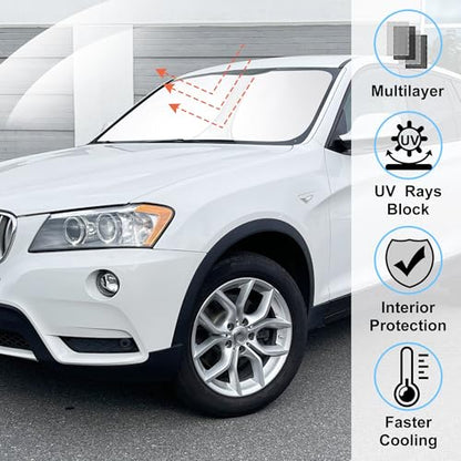 Windshield Sun Shade Custom Fit for 2011 2012 2013 2014 2015 2016 2017 BMW X3 Accessories Foldable Sunshade Sun Blocker Protect Car from Sun Rays & Heat Damage Keep Car Cooler - size: Fit BMW X3 2011-2017