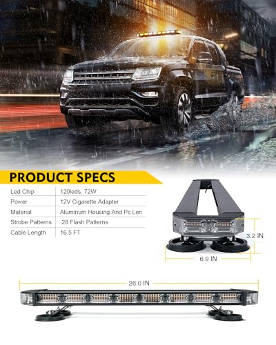 LUMENIX 26-Inch LED Rooftop Strobe Emergency Lights Bar for Vehicles, w/Controller Heavy-Duty Magnetic Mount Safety Beacon Construction Light for Trucks Roof Top Traffic Lightbar - Amber and White - color: Amber and White