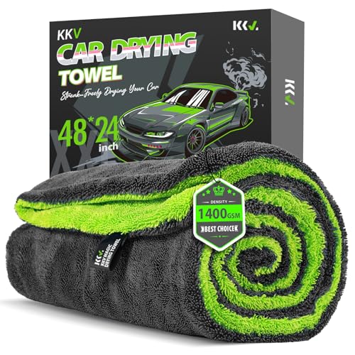 KKV Full-Sized SUV Drying Towel, 48”x24” Dual Sided Microfiber Car Cleaning Towel with Twisting Yarn Technique, 1400GSM Super Absorbent, Scratch-Free, Machine Washable (Darkgray-GreenYellow) - color: Darkgray-greenyellow