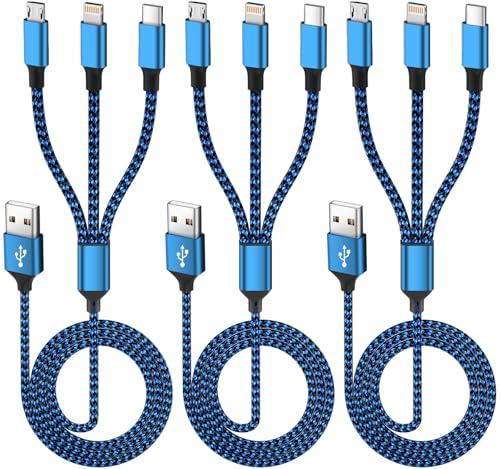 IDISON Multi Charging Cable(3Pack 4FT), 3 in 1 Charging Cable for Multiple Devices, USB-A Multi Charger Cord with Type-C, Micro USB and IP Port for iPhone 16/15/14/13/iPad/Android/Tablets and More - color: BlueBlack