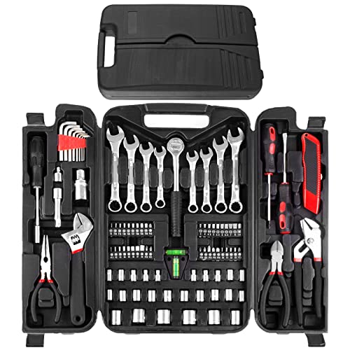 TLGREEN 95 Piece Tool Set, Tool Kit, Mechanics Tool Set, Portable Toolbox with Adjustable Wrench Pliers Socket Bits, with Plastic Toolbox, for House Apartment Garage (Red) - color: Red
