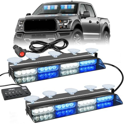 Nilight 32LED Blue White Emergency Dash Strobe Lights with Controller Suction Cups Warning Hazard Interior Front/Rear Windshield Deck Split Light Bar for Truck Construction Vehicle - color: Blue and White