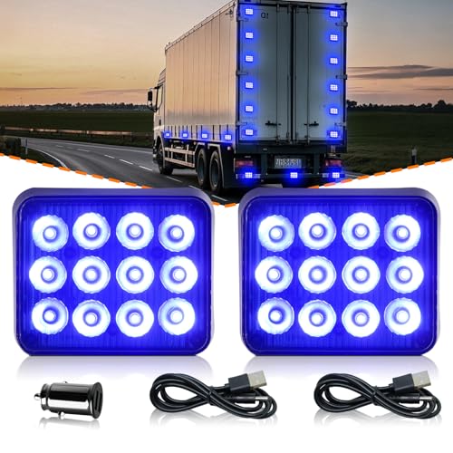 2PCS Rechargeable Flashing Lights for Vehicles, 12-Led Blue Emergency Strobe Lights, Battery Powered Strobe Caution Warning Beacon Lights with Magnetic for Trucks Trailers Car ATV Van RV SUV - color: Blue