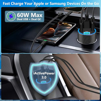 USB Fast Car Charger, Stuffcool 60W 2USB-A + 2QC3.0 Car Power Adapter 4-Port Car Charge Cigarette Lighter USB Charger Car Carplay Charger for iPhone 17 17 Pro 16 15 14 13 12/Galaxy S26 S25/Pixel/iPad - color: Matte Black