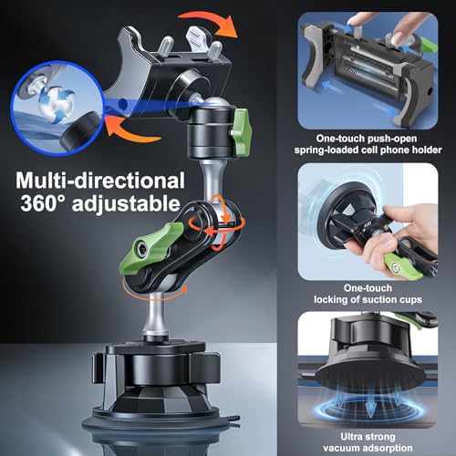 Phone Mount for car，Suction Cup Car Phone Mount，360° AdjustableMetal material ,Phone Holder for Video Recording，for Truck Camera vlogging, Mobile phone live streaming stand, no installation required