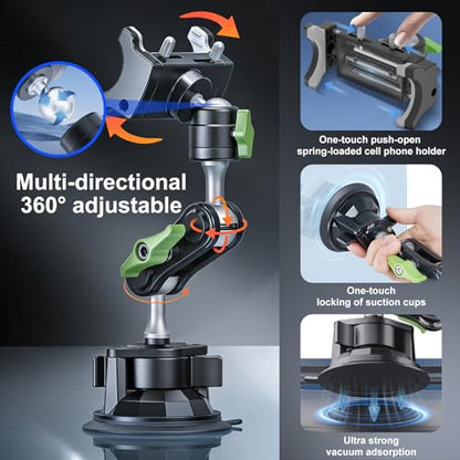 Phone Mount for car，Suction Cup Car Phone Mount，360° AdjustableMetal material ,Phone Holder for Video Recording，for Truck Camera vlogging, Mobile phone live streaming stand, no installation required