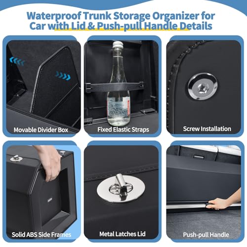 Trunk Organizer for SUV, Leather Car Organizers and Storage with lid & Sturdy Handle, Waterproof Hard Car Trunk Storage Box for Sedan, Travel, Grocery, Daily (Black, 37''*11.41''*12.5'') - size: Standard