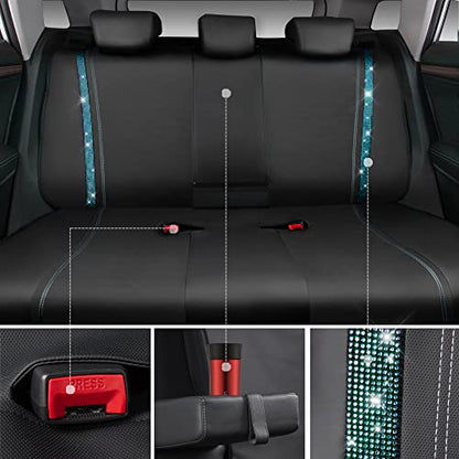 CAR PASS Bling Car Seat Covers Full Set, Shining Rhinestone Diamond Waterproof Faux Leather Universal Fit 95% Automotive Glitter Crystal Sparkle Strips for Cute Women Girl, Full Set (Mint Diamond) - color: Mint Diamond, size: Full Set