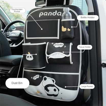 YUNZLAN Cute Panda Leather Car Backseat Organizer 1 Pack Car Seat Back Protectors with Clear 10" Tablet Holder + 4 Storage Pockets - color: Black