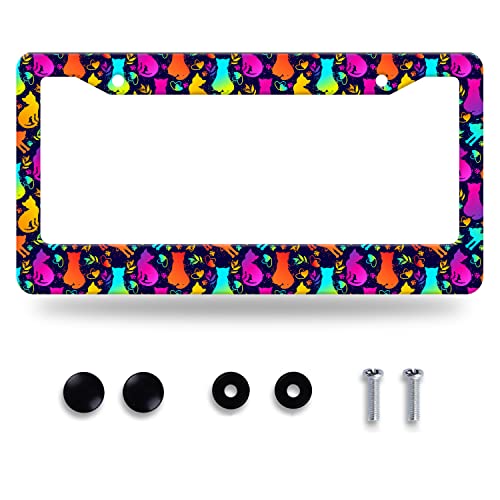 Cute Cats License Plate Frame Colorful Animal Cat License Plate Stainless Steel Auto Parts Funny License Plate Decorative with Screws Size 12.3" x 6.3" for Men Women - color: Colorful Cats Animal Pattern