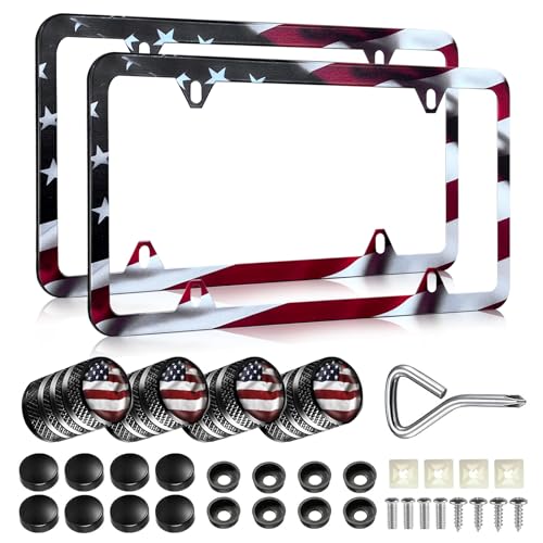 American Flag License Plate Frames - 2 Pack Universal Patriotic Matte Gloss Stars Stripe US Flag Stainless Steel Car Tag Frame Holder Covers with 4 Fluttering Flag Valve Stem Caps, Screws Fasteners - color: American Flag B