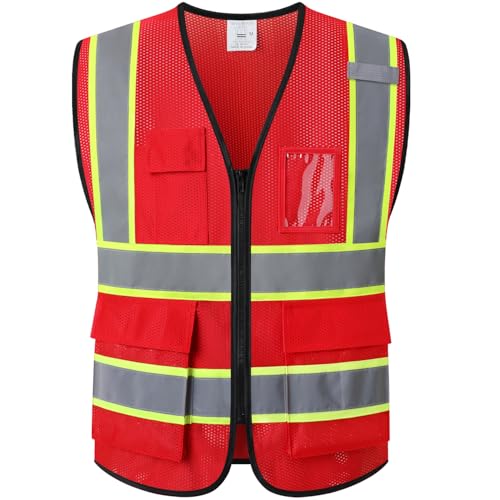 Reflective Mesh Safety Vest for Men Women with 5 Pockets and Zipper Front High Visibility Mesh Vest Hi Vis Construction Work Vest,Meets ANSI/ISEA Standards(EK175-Red-S) - color: Red, size: Small