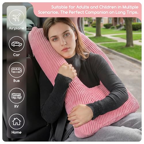 HIGOGOGO Washable Travel Pillow, Car Pillow for Kids & Adults, Travel Pillows with Removable Soft Cover and High-Support Foam, Fix Neck and Body Sitting/Sleeping on The Trip, Pink - color: U-pink