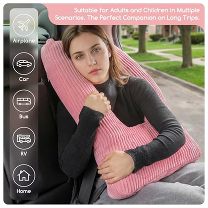 HIGOGOGO Washable Travel Pillow, Car Pillow for Kids & Adults, Travel Pillows with Removable Soft Cover and High-Support Foam, Fix Neck and Body Sitting/Sleeping on The Trip, Pink - color: U-pink