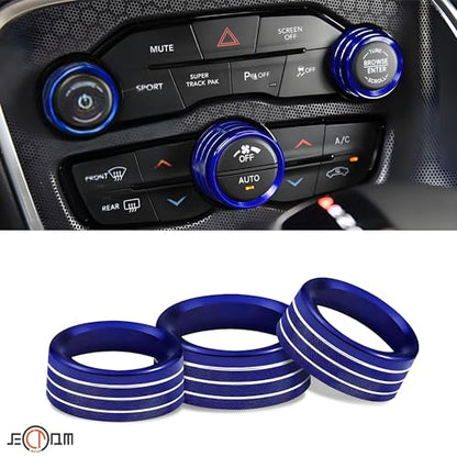 Air Conditioner Switch Button Knob Cover, Car Interior Accessories Radio Volume Control Knob, Aluminum Alloy Trim Rings Compatible with Dodge Challenger Durango 2015-2022 (Blue) - color: Blue