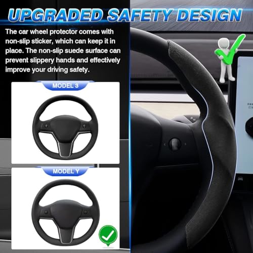 Shademax Custom-Fit for Tesla Steering Wheel Cover, Tesla Model Y 2020-2025 /Model 3 2017-2023Suede Steering Wheel Cover Protector, Non-Slip, Model Y/3 Accessories (Black) - color: Black