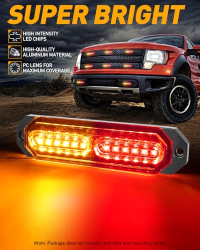HLauto 1200T Emergency Strobe Grille Lights: 8pcs 12 LED Sync Feature Safety Warning Flashing Lights, Ultra Slim Surface Mount Hazard Caution Lights for Trucks, Vehicles, Car, ATV, UTV (Amber Red) - color: Amber/Red