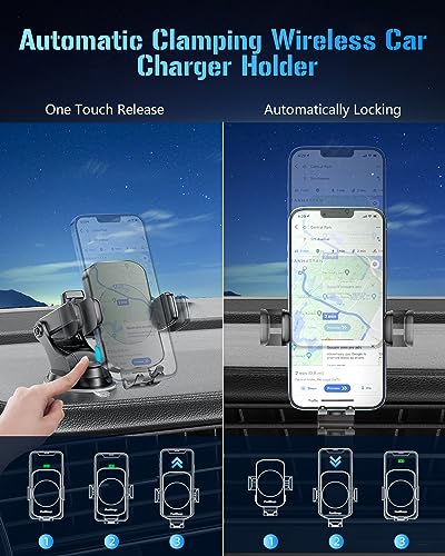 Wireless Car Charger, Fast Charging Phone Holder 3 in 1 Phone Mount Auto Clamping Car Accessories Compatible with iPhone 17 16 15 14 13 12 11 Xs XR, Samsung S23 Ultra S22 S21 S20/S10+ S9+ Note 9 - color: Black
