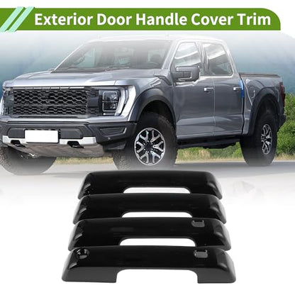Exterior Door Handle Cover Trim Front Left Front Right Rear Left Rear Right Door Handle Cover for Ford F150 2021-2024 Glossy Black - size: With Sensor Holes