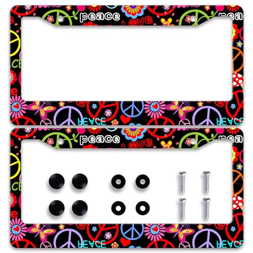 2pcs Personalise Hippies Peace Flower License Plate Frames Colored License Plate Frame Car Universal Stainless Steel Accessories Cars Decor 2 Holes Screws Fits Standard Us Vehicles Size 12.2 X 6 Inch - color: Hippies Peace Flower