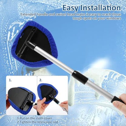 Windshield Cleaning Tool, Car Window Cleaner with Extendable Long Handle and 4 Washable Reusable Microfiber Pads and Spray Bottle, Auto Interior Exterior Glass Wiper Kit Supplies (Blue) - color: Blue
