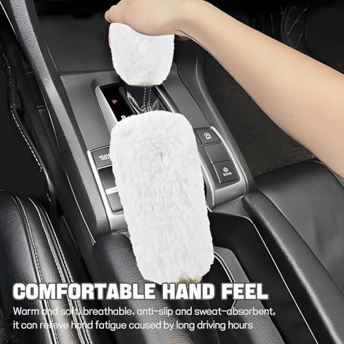 Hovom 2PCS Fluffy Car Gear Shift Knob Cover & Handbrake Cover, Soft Plush Hand Brake Handle & Gear Shift Cover for Women Girls, Universal Comfortable Warm Furry Car Accessories (White) - color: White