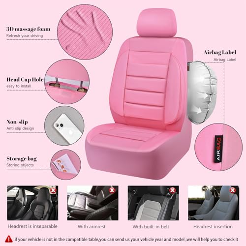 CAR PASS Pink Leather Seat Covers Full Set Universal Water Resistant 3D Foam Back Support, Luxury Comfort Automotive 5 Seat Covers for Women All Season Fit SUV,Sedan,Van, Airbag Compatible Pink - color: All Pink