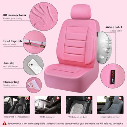 CAR PASS Pink Leather Seat Covers Full Set Universal Water Resistant 3D Foam Back Support, Luxury Comfort Automotive 5 Seat Covers for Women All Season Fit SUV,Sedan,Van, Airbag Compatible Pink - color: All Pink
